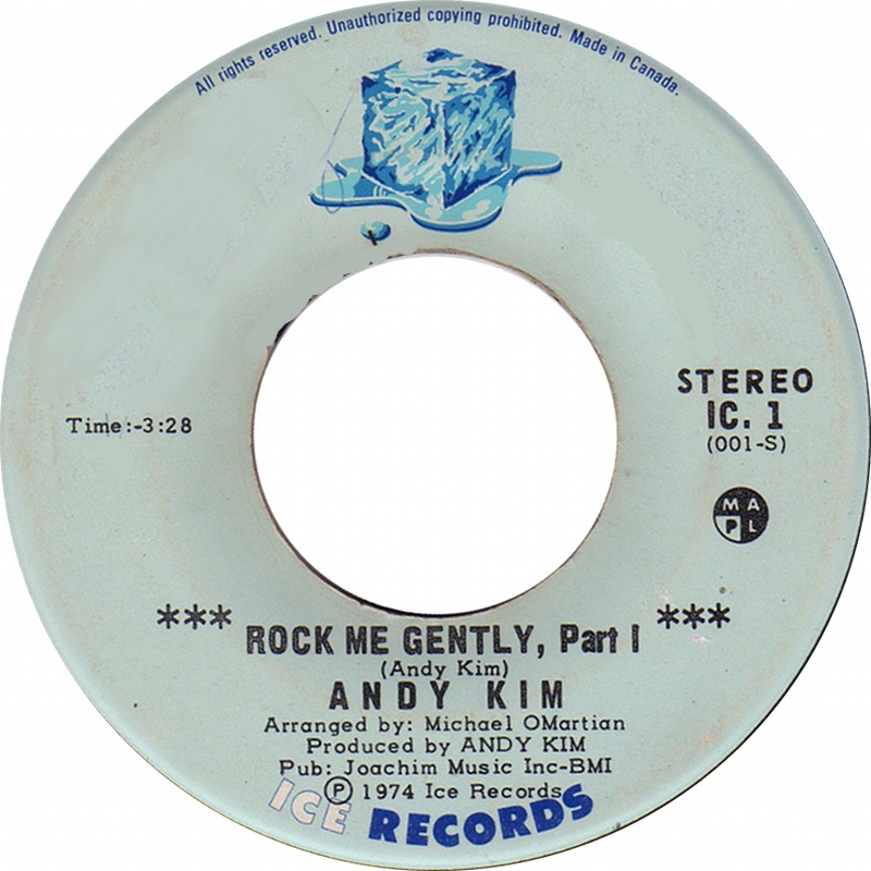 The inner label of a 45rpm record for Andy Kim's "Rock Me Gently."