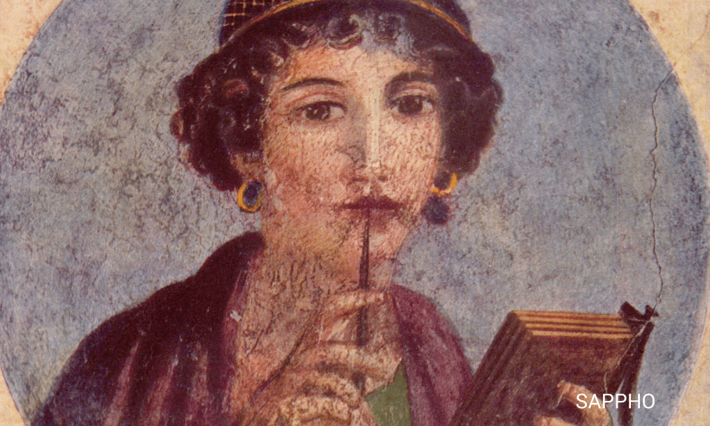 Ancient Roman fresco of the poet Sappho, shown holding a stylus to her lips and a wax tablet in her hand.