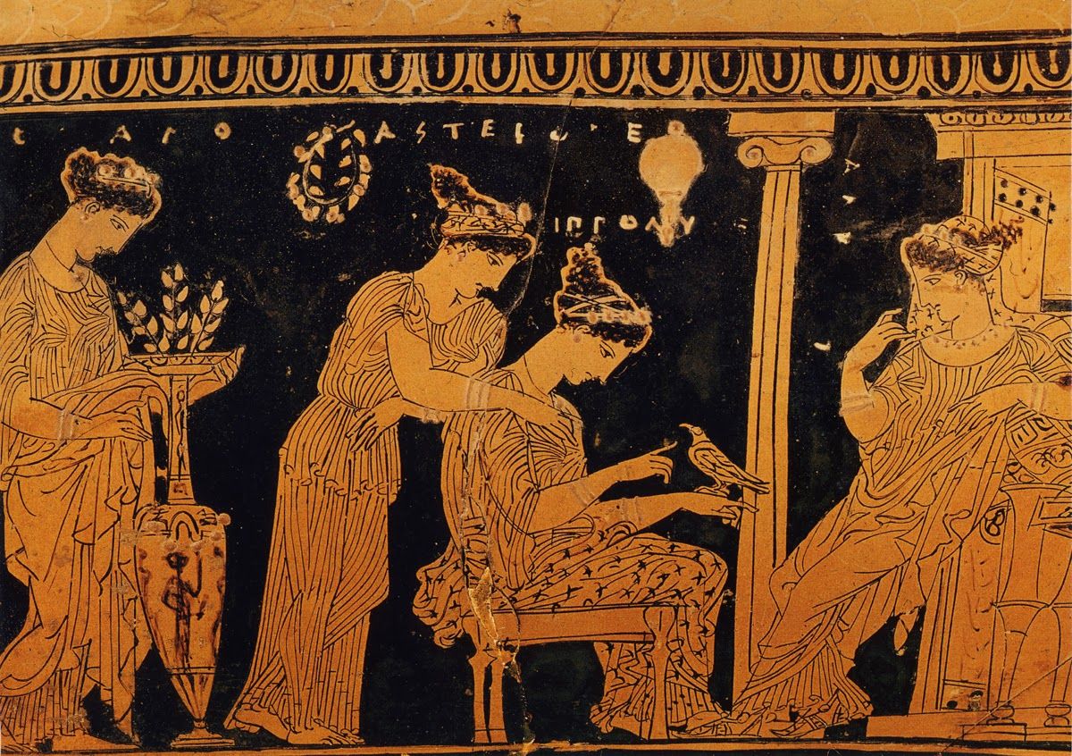 A papyrus illustration showing four women: one seated, gazing at a bird perched on her finger; another leaning over her to see the bird; a third reclining against a wall watching them; and a fourth standing opposite holding a vase filled with wheat shafts.