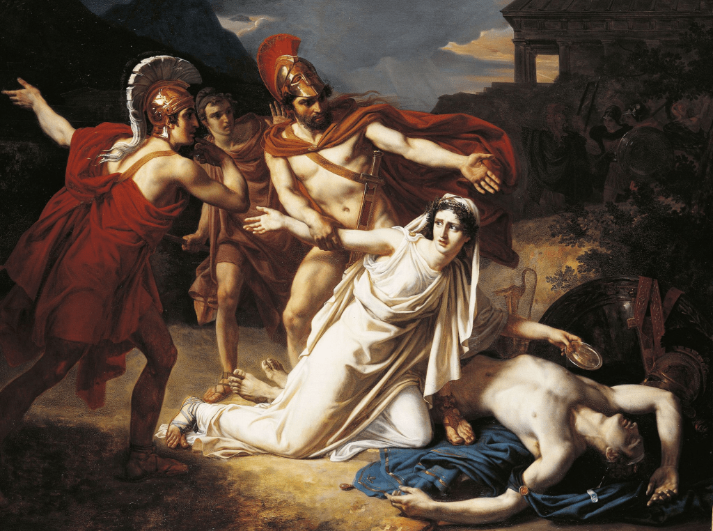 A painting showing Antigone on her knees, secretly burying her brother Polyneices while pushing back against threatening guards, capturing her courage and defiance in the face of oppression