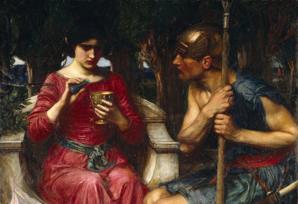 A painting of Medea in a vivid red dress, seated beside a guard whose knee touches hers. She pours a substance into a chalice with calm determination, while he looks on, aghast and curious. The scene hints at her impending act of vengeance.