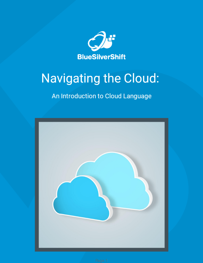 Navigating the Cloud eBook cover showing abstract cloud design with business-friendly subtitle — a guide to demystifying cloud language for non-technical teams